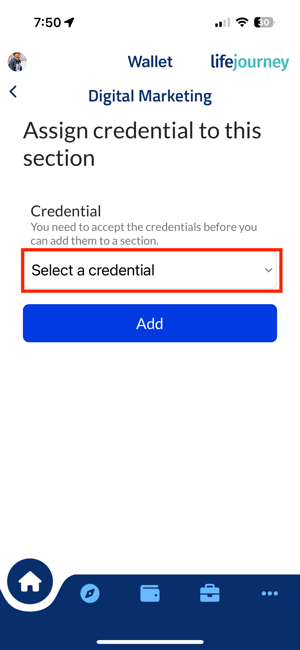 mobile add credential from drop down