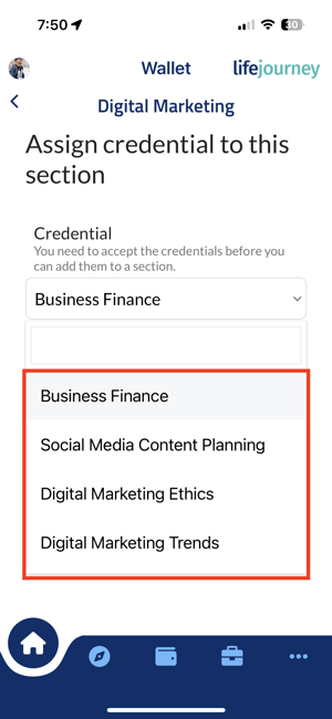 mobile scroll through credentials to add