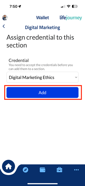 mobile select ADD to save credential to section