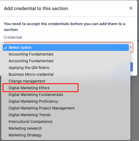 select a credential from the list