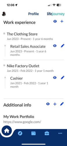 the LifeJourney mobile profile contains work experience.